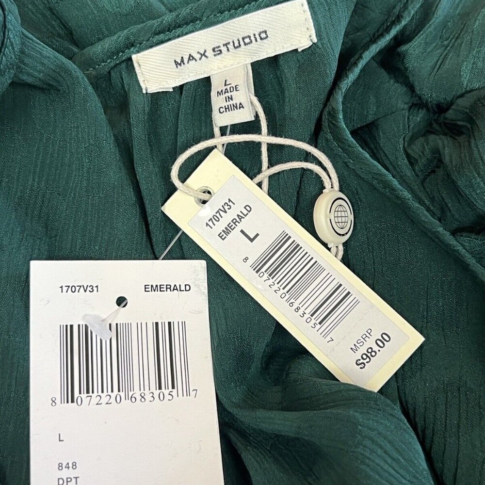 DO NOT BUY Max Studio Jacquard Shine Dot Ruched Sleeves Blouse L Large Green - Picture 4 of 7